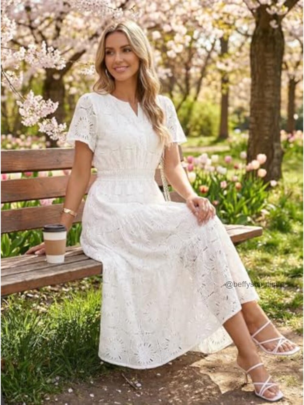 Women's Summer Floral Maxi Dress Boho Eyelet Lace Short Sleeve Tiered Flowy - Picture 5 of 7